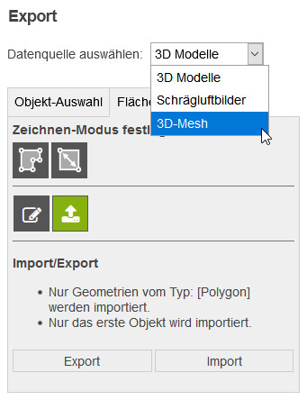 Ansicht Oberfläche der Exportfunktion